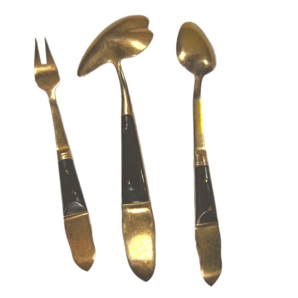 VTG LOT of 3 THAILAND SIAM Brass Wood Handle Small Serving pieces oyster spoon - Picture 3 of 7